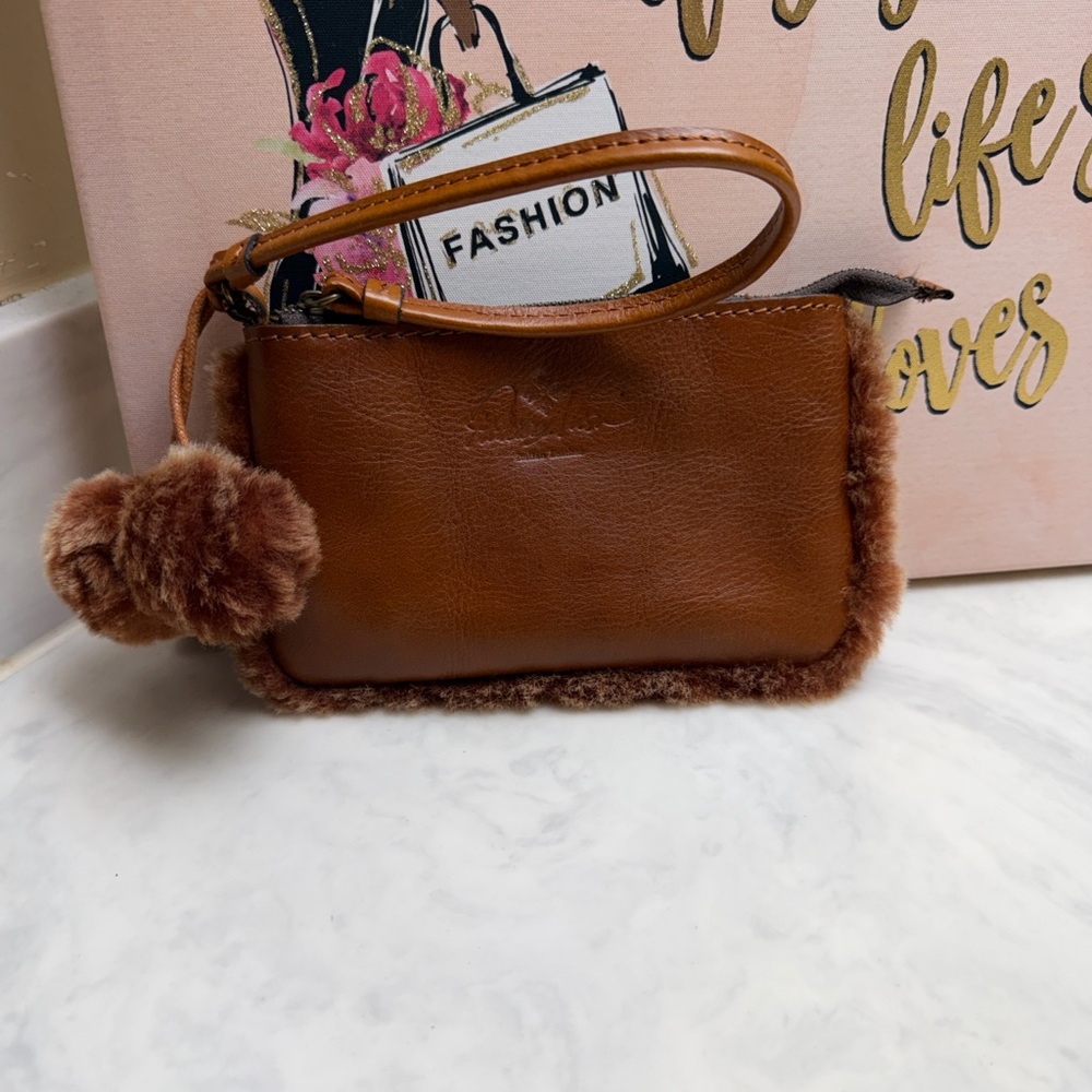 Patricia Nash Tan Leather Wristlet with Plush Trim